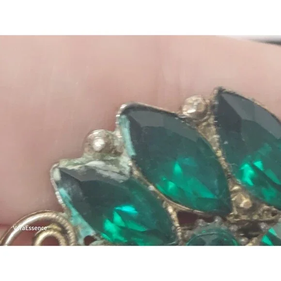 Rectangle Clear Green Victorian Revival Gold Toned Brooch Pin Vintage